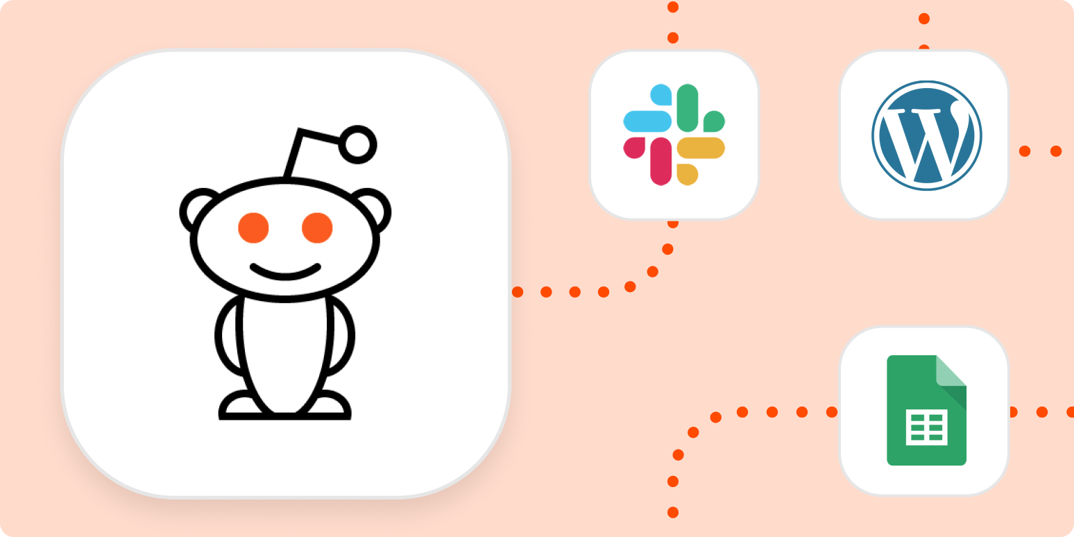 The logo for Reddit in a large white square connected by dotted lines to the logos for Slack, WordPress, and Google Sheets, all in separate, smaller white squares.