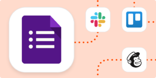 Google Forms automation inspiration hero image with the Google Forms logo and the logos of Slack, Trello, and Mailchimp.