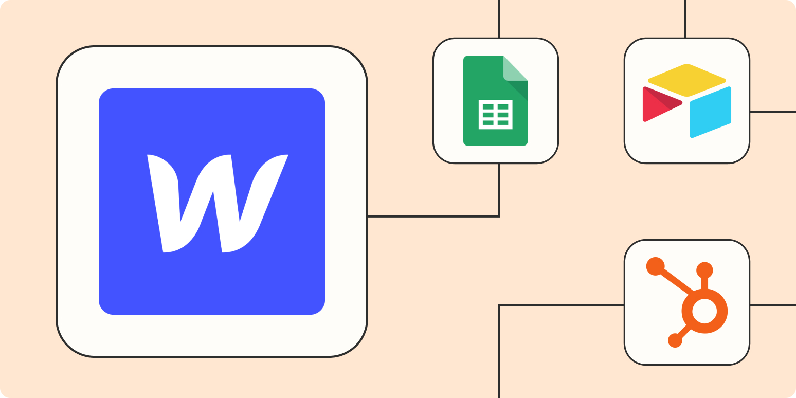 Webflow app logos connecting to the logos for Google Sheets, Airtable, and HubSpot on a light orange background.