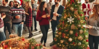 Christmas party scene with employees dressed in festive attire