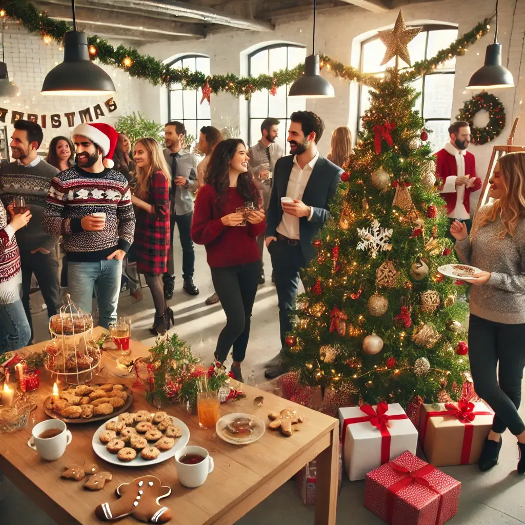 Christmas party scene with employees dressed in festive attire