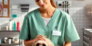 A heartwarming and professional scene featuring a veterinarian assistant in a clean clinic environment