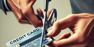 A realistic illustration of a person cutting up a credit card