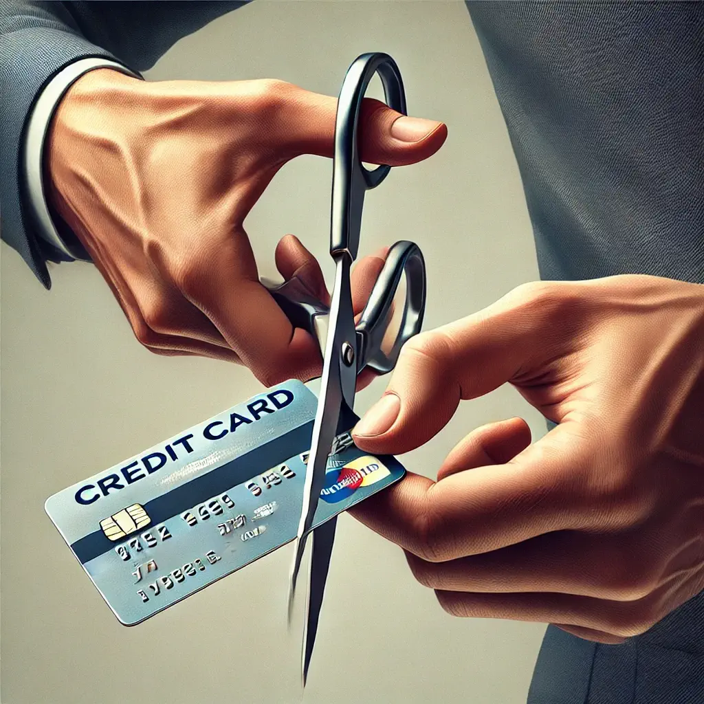 A realistic illustration of a person cutting up a credit card